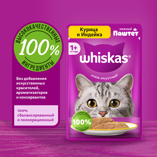 Корм консервированный для взрослых кошек WHISKAS паштет из курицы с индейкой, 75г, крупный план