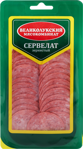 Колбаса варено-копченая МК ВЕЛИКОЛУКСКИЙ Сервелат Зернистый, нарезка, 150г, детальное фото
