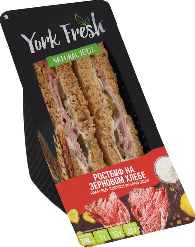 Сэндвич с ростбифом и корнишонами на зерновом хлебе в соусе тартар YORK FRESH, 150г, фотография