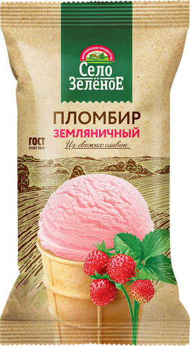 Мороженое СЕЛО ЗЕЛЁНОЕ Пломбир земляничный 15%, без змж, вафельный  стаканчик, 70г, вид