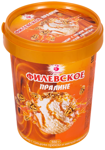 Мороженое ФИЛЕВСКОЕ Пралине с грецким орехом и мягкой карамелью 15%, без змж, ведро, 550г, фотография
