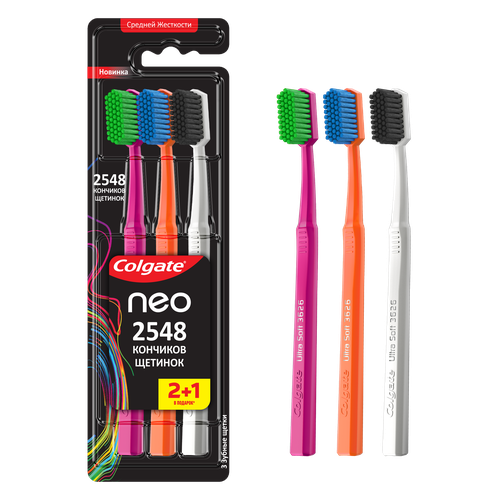 Зубная щетка COLGATE Neo 2548 кончиков щетинок, средней жесткости, 2+1, 3шт, детальное фото