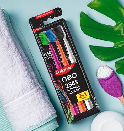 Зубная щетка COLGATE Neo 2548 кончиков щетинок, средней жесткости, 2+1, 3шт, детальное фото