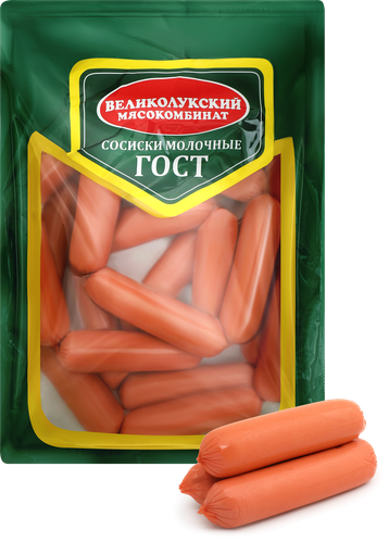 Сосиски МК ВЕЛИКОЛУКСКИЙ Молочные ГОСТ, 650г, крупный план