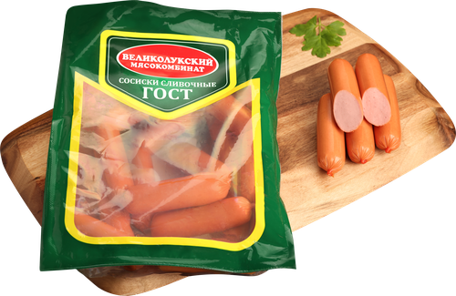 Сосиски МК ВЕЛИКОЛУКСКИЙ Сливочные ГОСТ, 650г, крупный план