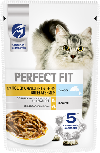 Корм консервированный для взрослых кошек PERFECT FIT Sensitive с лососем в соусе, для чувствительного пищеварения, 75г, фото