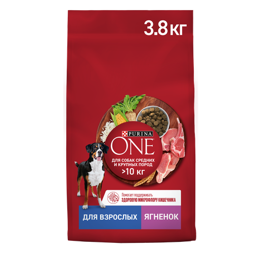 Корм сухой для взрослых собак PURINA ONE для средних и крупных пород,  с высоким содержанием ягненка и рисом, 3,8кг, фото
