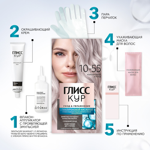 Краска для волос ГЛИСС КУР Уход&Увлажнение 10–55 Платиновый блонд, 165г, вид