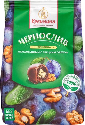 Конфеты шоколадные КРЕМЛИНА чернослив с грецким орехом, 190г, крупный план