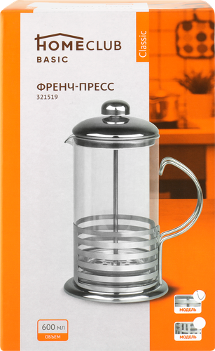 Френч-пресс HOMECLUB Classic стекло, нержавеющая сталь 600мл Арт. 321519, крупный план