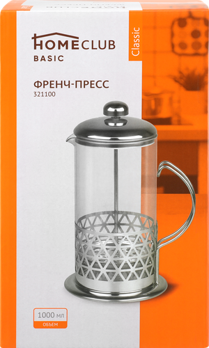 Френч-пресс HOMECLUB Classic стекло, нержавеющая сталь 1л Арт. 321100, фотография