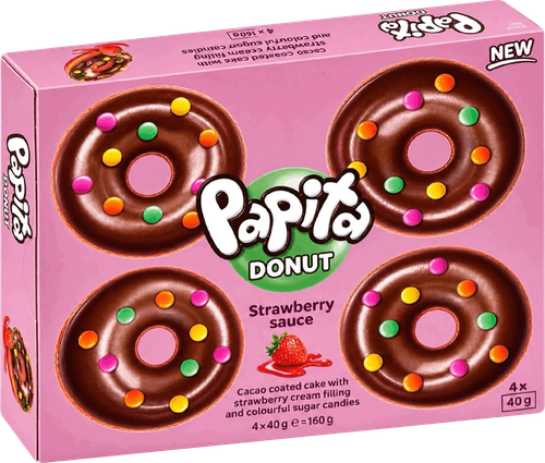 Кекс PAPITA Donut с какао глазурью, клубничной начинкой и цветным драже, 160г, изображение