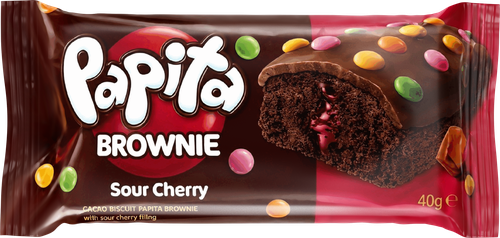 Кекс шоколадный PAPITA Brownie с какао-глазурью, вишневой начинкой и цветным драже, 40г, фото