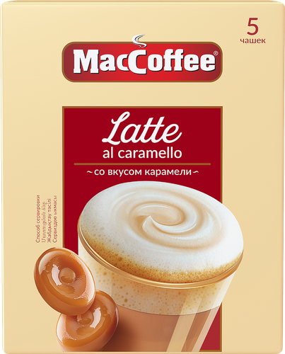 Напиток кофейный растворимый MACCOFFEE Latte Al Caramello со вкусом карамели, 5x22г, крупный план