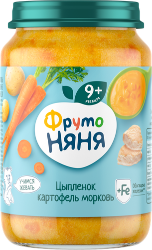 Пюре мясо-овощное ФРУТОНЯНЯ Картофель и морковь с цыпленком, с 9 месяцев, 190г, крупный план