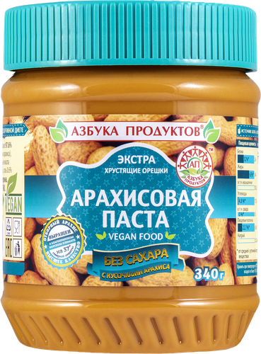 Паста арахисовая АЗБУКА ПРОДУКТОВ Экстра, с кусочками арахиса без сахара, 340г, фотография