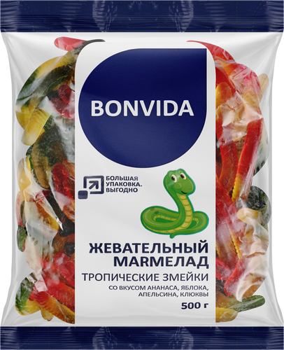 Мармелад жевательный BONVIDA Тропические змейки, 500г, детальное фото