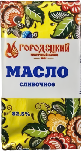 Масло сливочное МОЛОКО ГОРОДЕЦ Крестьянское ГОСТ 82,5%, без змж, 180г, крупный план