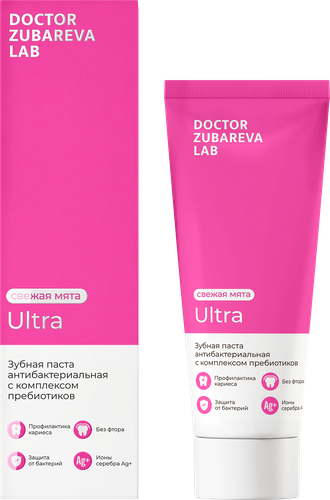 Зубная паста DR. ZUBAREVA Ultra Свежая мята, антибактериальная с комплексом пребиотиков, 90г, крупный план