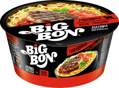 Лапша BIGBON со вкусом говядины и томатным соусом с базиликом, 85г, крупный план