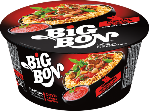 Лапша BIGBON со вкусом говядины и томатным соусом с базиликом, 85г, фотография