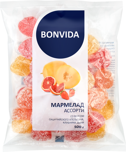 Мармелад желейно-формовой BONVIDA Ассорти со вкусом сицилийского апельсина, клубники, дыни, 500г, фото