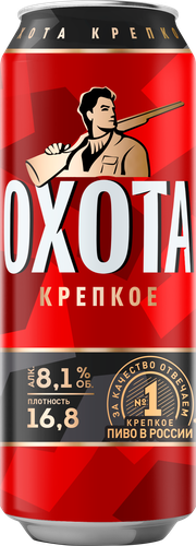 Пиво светлое ОХОТА Крепкое пастеризованное 8,1%, 0.43л, крупный план