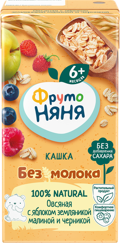 Кашка овсяная ФРУТОНЯНЯ безмолочная с яблоком, земляникой, малиной и черникой, с 6 месяцев, 200мл, изображение