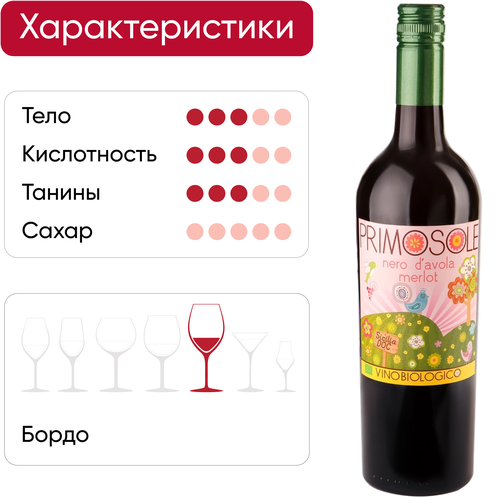 Вино PRIMOSOLE Неро д'Авола Мерло Сицилия ординарное красное сухое, 0.75л, картинка