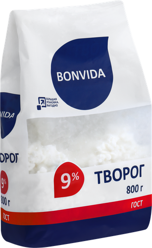 Творог BONVIDA 9%, без змж, 800г, крупный план