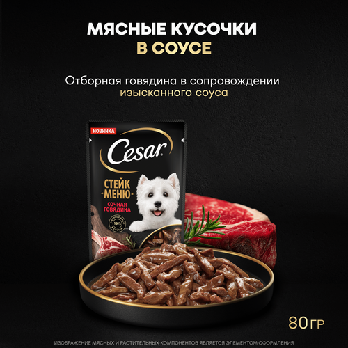 Корм влажный для собак CESAR Стейк Сочная говядина, 80г, крупный план