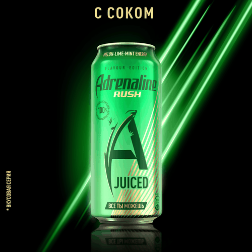 Напиток энергетический ADRENALINE Раш со вкусом Дыни, Лайма и Мяты, тонизирующий газированный, 0.449л, фотография