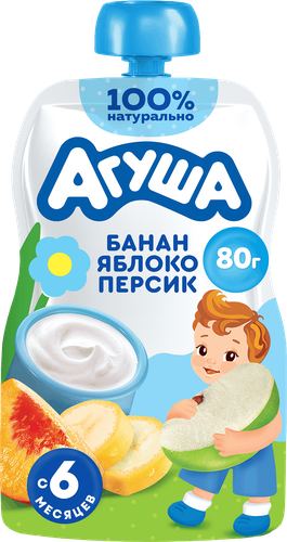 Творог детский АГУША Банан, яблоко, персик фруктовый 4%, с 6 месяцев, без змж, 80г, изображение