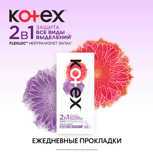 Прокладки ежедневные KOTEX 2в1 длинные, 16шт, вид