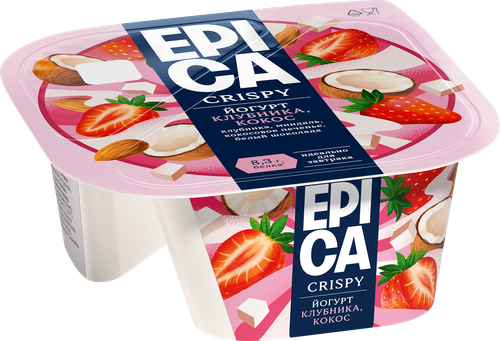 Йогурт EPICA Crispy с клубникой и кокосом 7,3%, без змж, 138г, фото