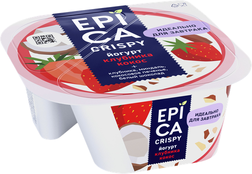 Йогурт EPICA Crispy с клубникой и кокосом 7,3%, без змж, 138г, крупный план