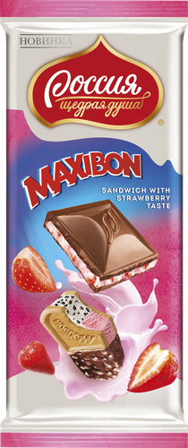 Шоколад молочный РОССИЯ ЩЕДРАЯ ДУША Maxibon sandwich with strawberry taste с двухслойной начинкой со вкусом клубники и печеньем, 80г, крупный план