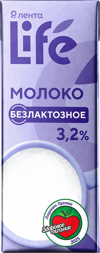 Молоко стерилизованное ЛЕНТА LIFE безлактозное 3,2%, без змж, 250мл, изображение