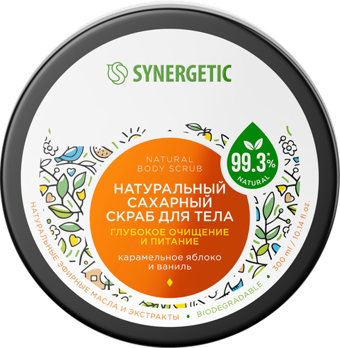 Скраб для тела SYNERGETIC Глубокое очищение и питание, Карамельное яблоко и ваниль, натуральный сахарный, 300мл, картинка