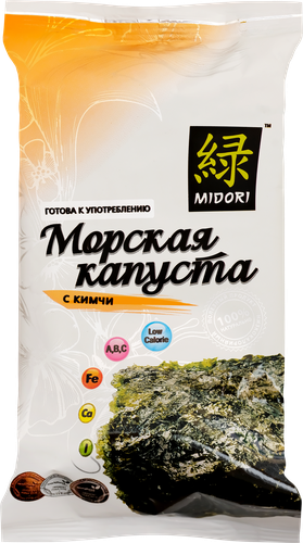 Морская капуста MIDORI сушеная, обжаренная в кунжутном масле со вкусом кимчи, 5г, крупный план