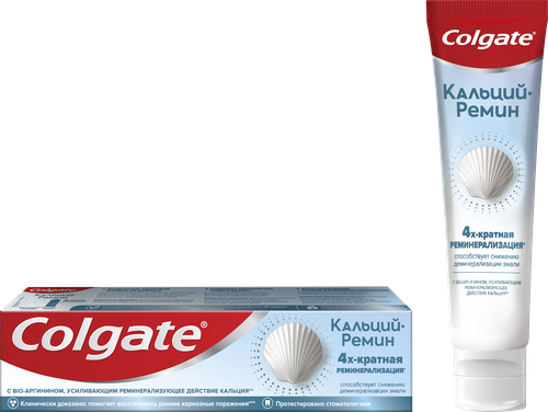 Зубная паста COLGATE Кальций-Ремин с природным био-аргинином для восстановления и защиты здоровья эмали зубов путем 4-х их кратной реминерализации, 100мл, крупный план