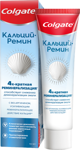 Зубная паста COLGATE Кальций-Ремин с природным био-аргинином для восстановления и защиты здоровья эмали зубов путем 4-х их кратной реминерализации, 100мл, крупный план