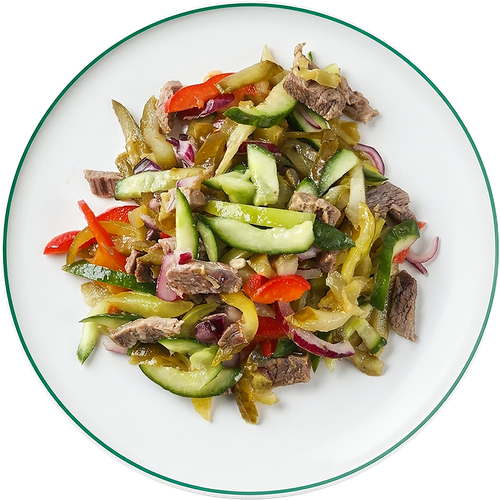 Салат с томленой говядиной, маринованными огурчиками, весовой, вид