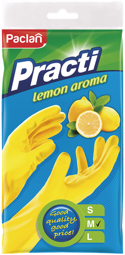 Перчатки хозяйственные PACLAN Practi, с ароматом лимона, размер M, резиновые, желтые, крупный план
