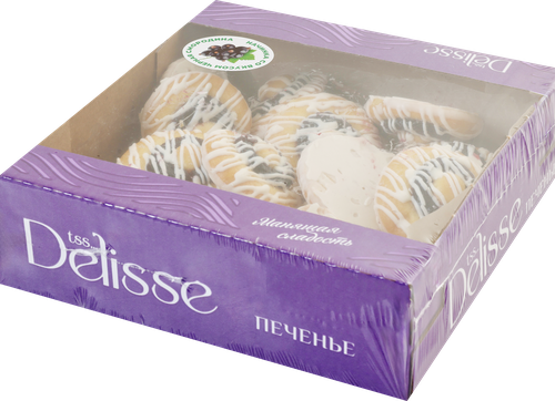 Печенье бисквитное DELISSE с начинкой со вкусом черной смородины, в белой глазури, 450г, детальное фото