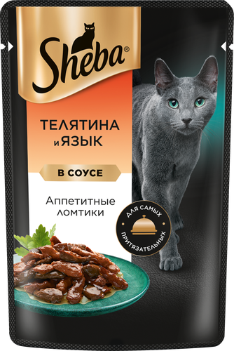 Корм консервированный для взрослых кошек SHEBA ломтики в соусе с телятиной и языком, 75г, фотография