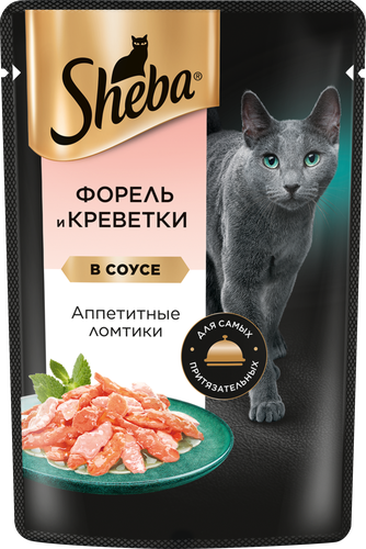 Корм консервированный для взрослых кошек SHEBA ломтики в соусе с форелью и креветками, 75г, картинка