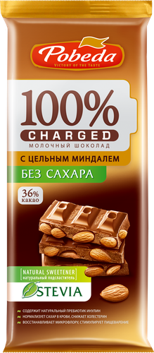 Шоколад молочный ПОБЕДА ВКУСА Charged с цельным миндалем, без сахара, 90г, картинка