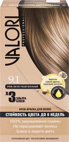 Крем-краска для волос VALORI Professional 9.1 Очень светло-русый пепельный, стойкость цвета до 8 недель, детальное фото