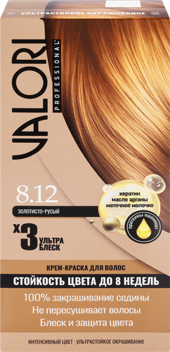 Крем-краска для волос VALORI Professional 8.12 Золотисто-русый, стойкость цвета до 8 недель, детальное фото